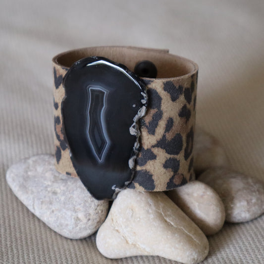 Brazalete Piel Leopardo Claro y Agata Negra